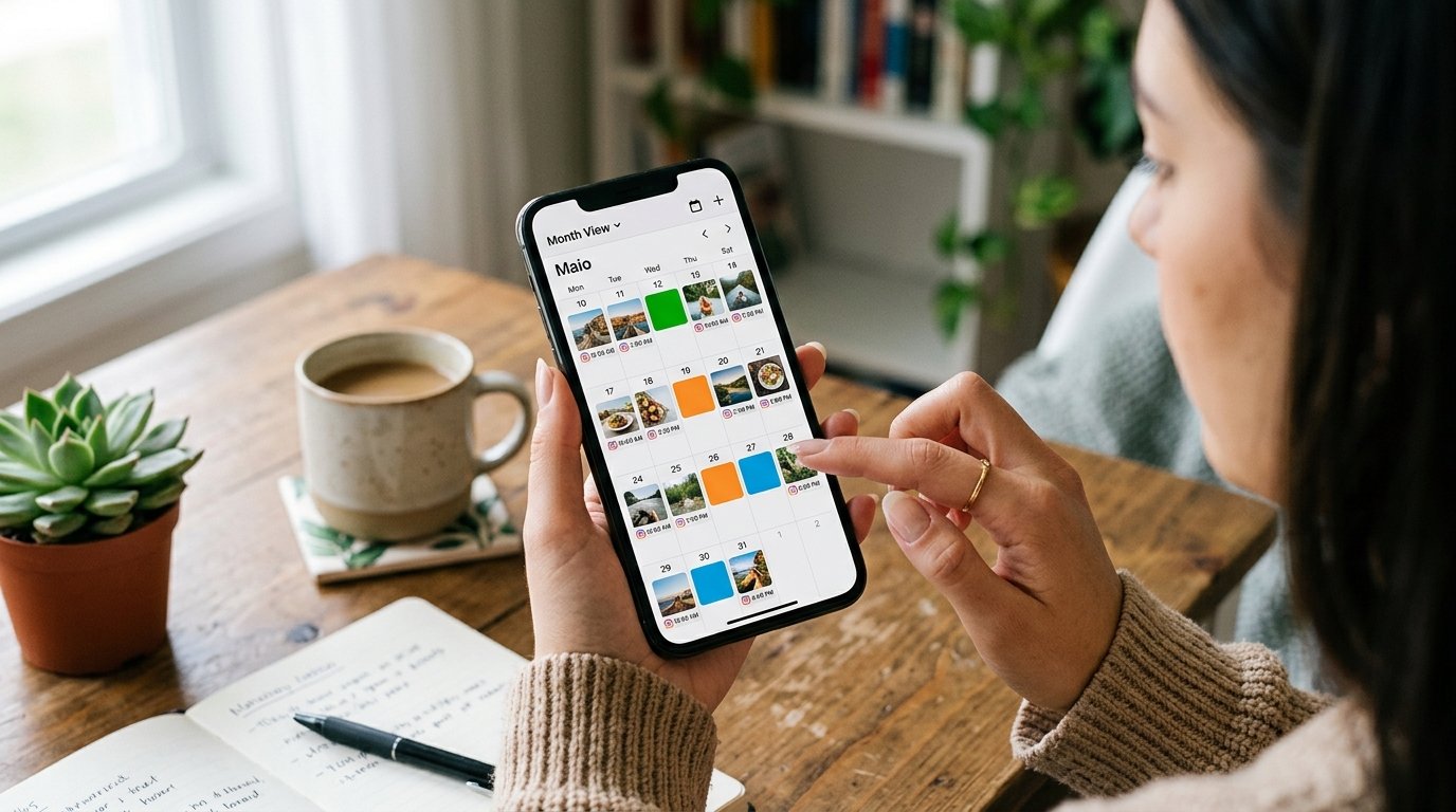 Calendário digital em um smartphone mostrando o planejamento de publicações
