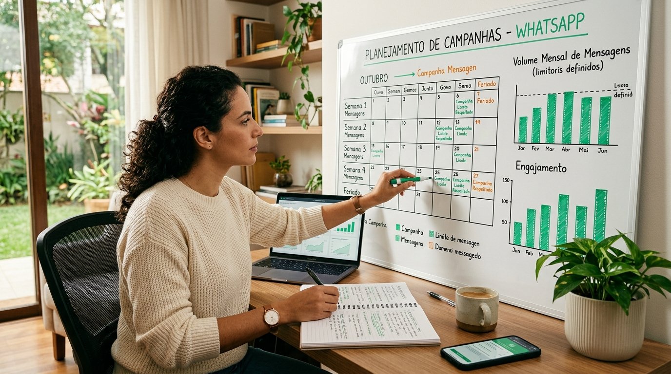 Calendário e gráficos ilustrando o planejamento de campanhas no WhatsApp