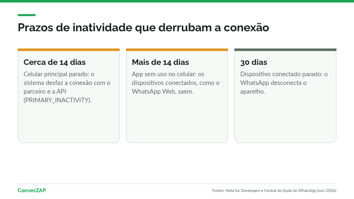 Regra dos 14 dias na coexistência: o celular principal inativo derruba a conexão com a API, e dispositivos conectados parados por 30 dias saem da conta