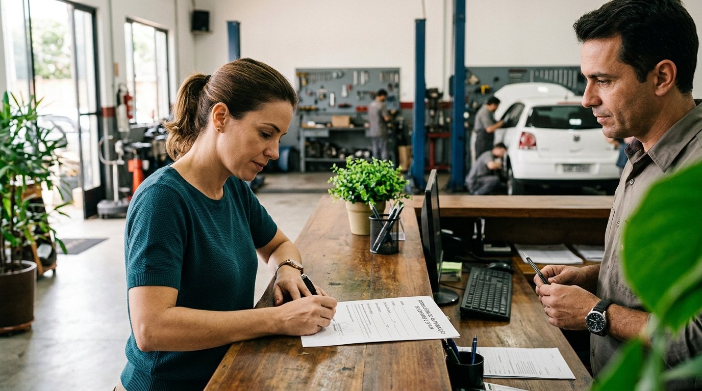 Cliente assinando formulário de autorização de contato na recepção da oficina.