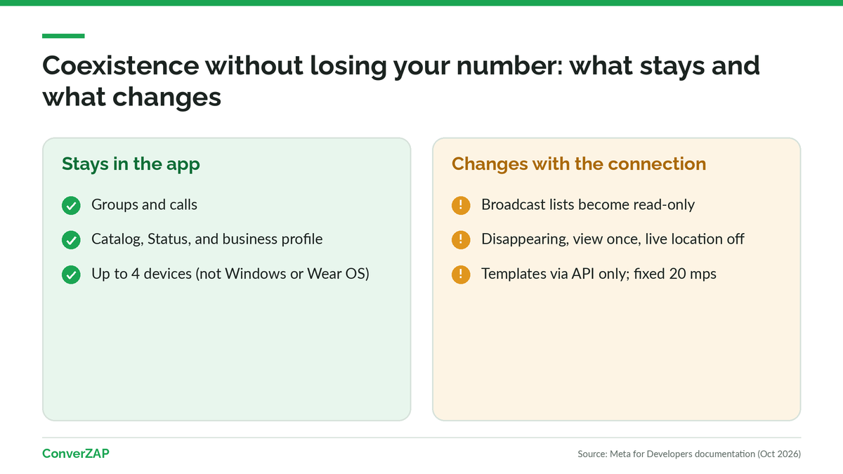 Coexistence without losing your number: features that stay in the WhatsApp Business app and features that change after connecting to the official API
