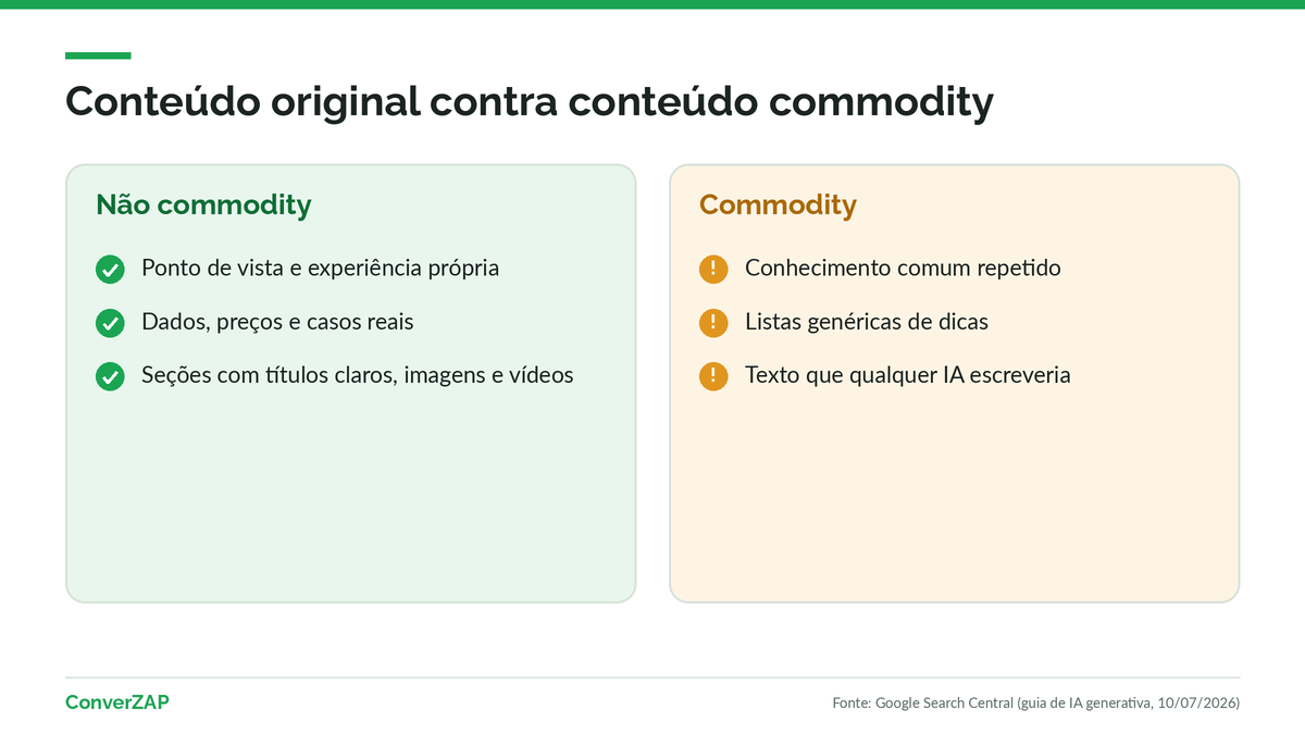 Conteúdo não commodity para o Modo IA do Google: ponto de vista próprio, experiência real, boa estrutura, imagens e vídeos