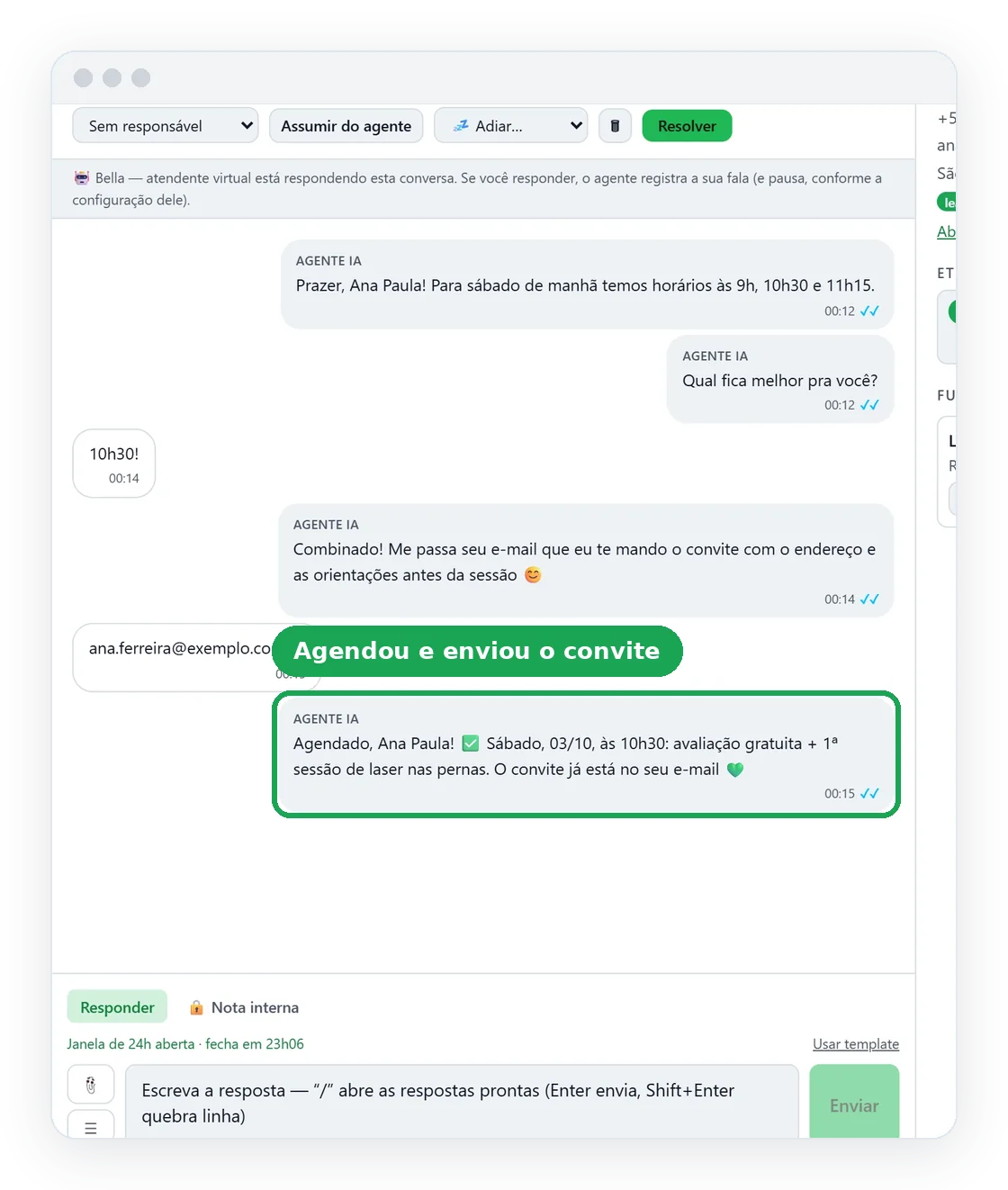 Tela de conversas do ConverZAP com o agente de IA respondendo uma cliente no WhatsApp, oferecendo horários e confirmando o agendamento