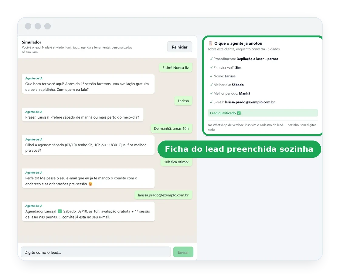 Simulador do ConverZAP: o agente de IA qualifica a cliente, agenda a sessão e preenche a ficha do lead sozinho