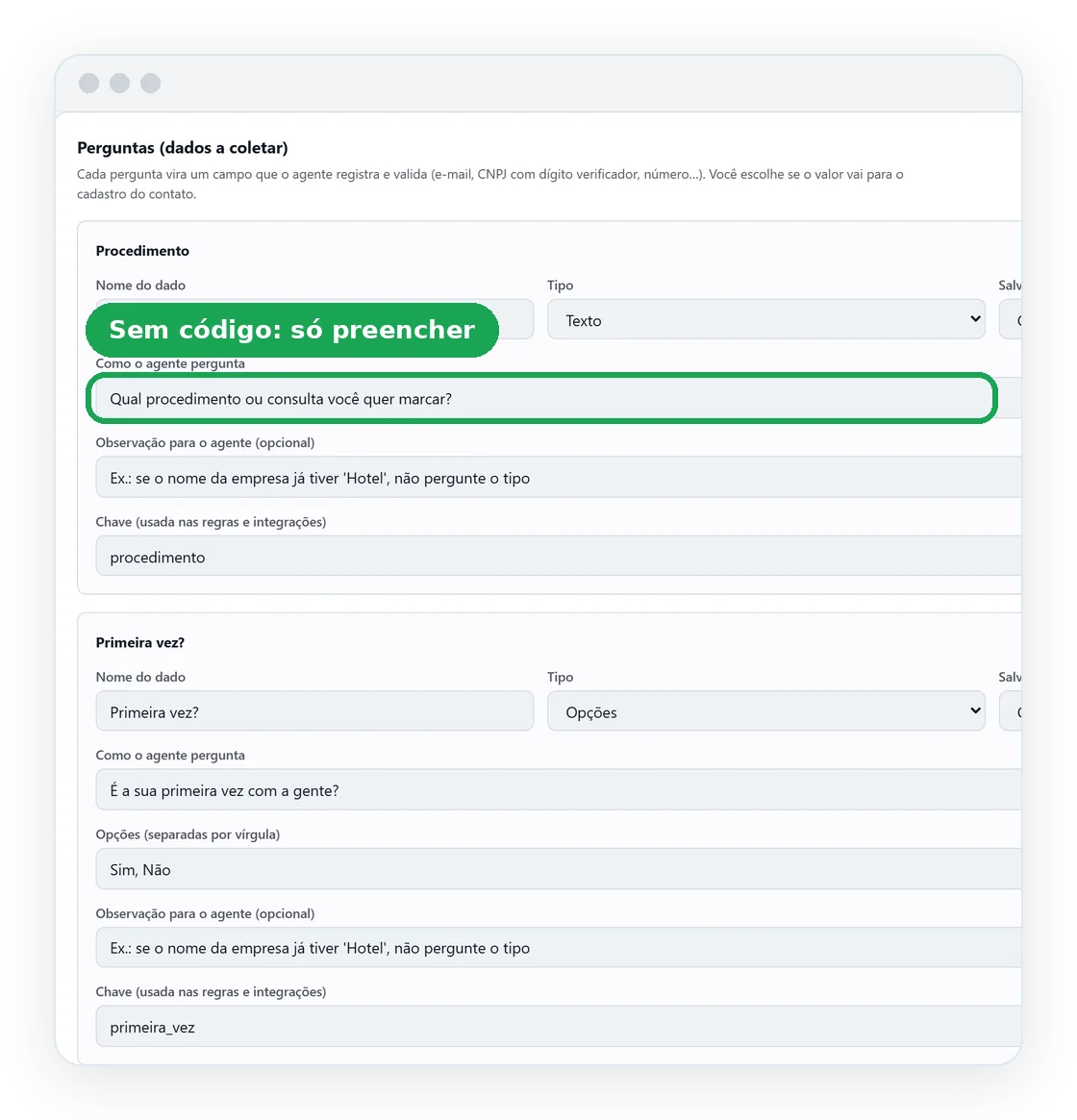 Construtor do agente de IA do ConverZAP: perguntas e dados a coletar configurados por formulário, sem código