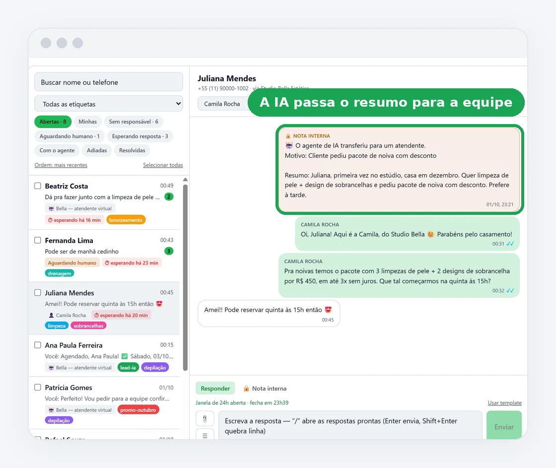 Caixa de entrada do ConverZAP com o agente de IA passando o resumo da conversa para uma atendente da equipe