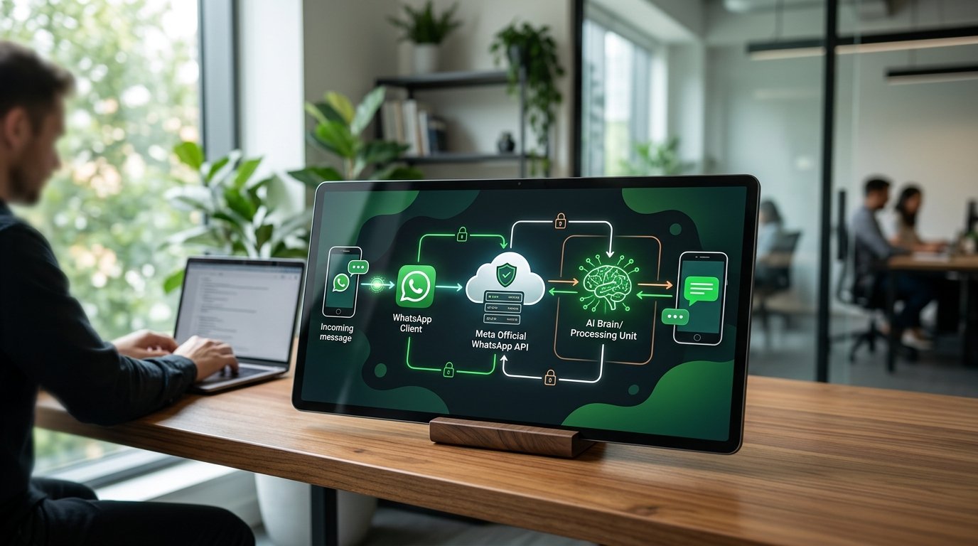 Diagrama mostrando a integração entre o WhatsApp e a API oficial da Meta para respostas automáticas.