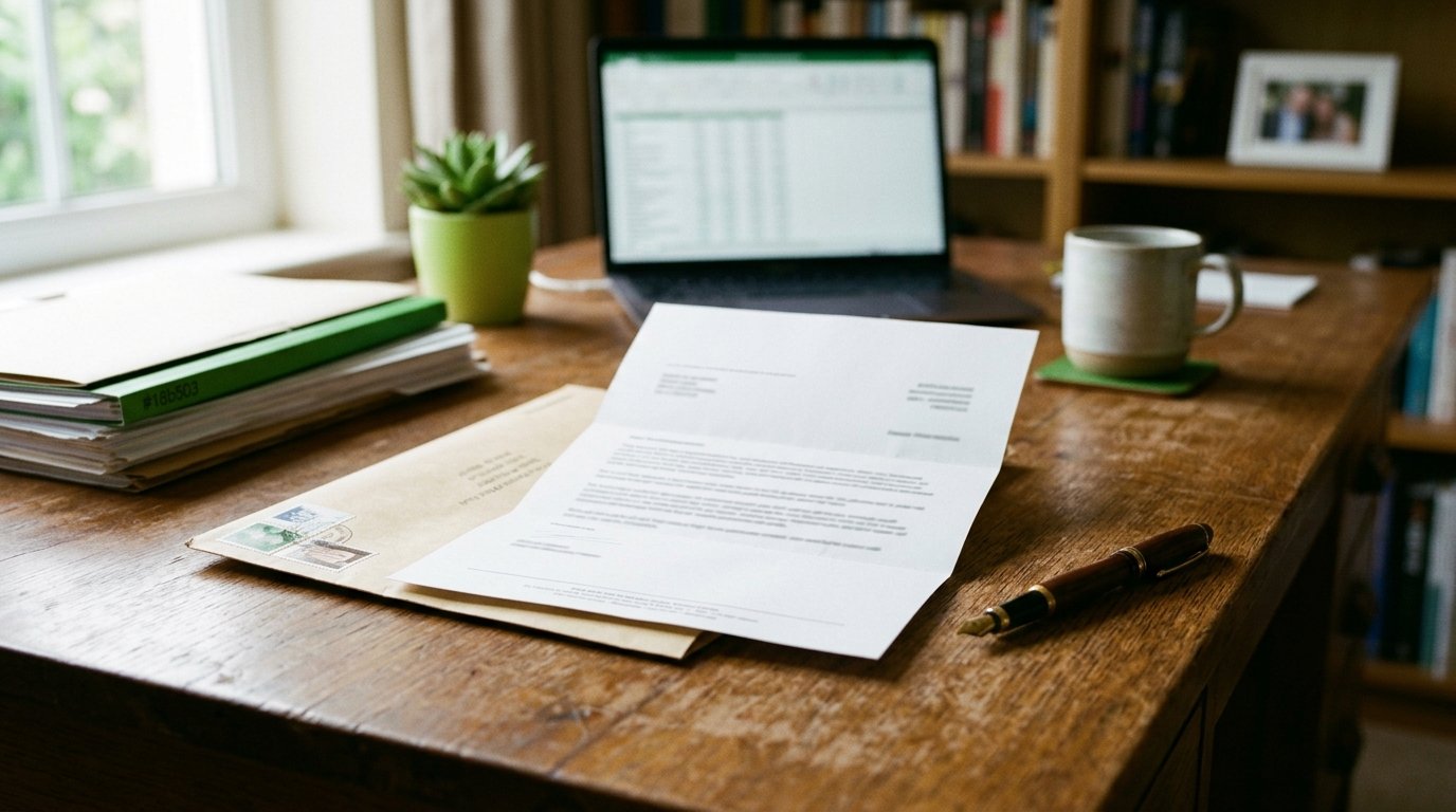Documento de notificação de multa sobre uma mesa de escritório.