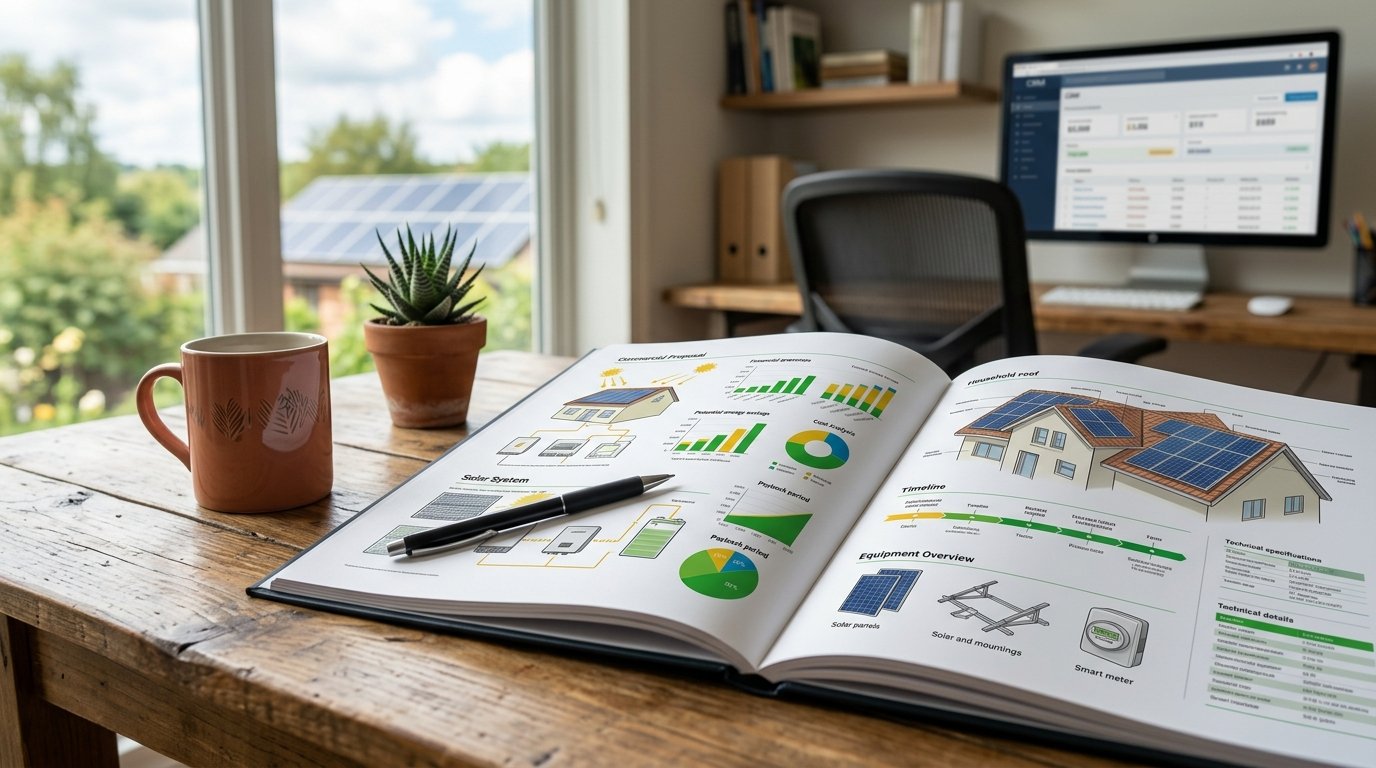 Documento de proposta comercial de energia solar sobre uma mesa de escritório.