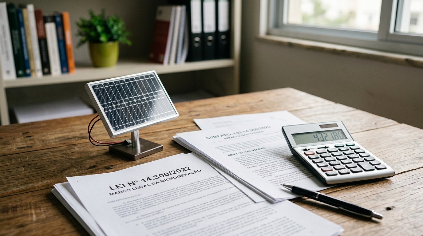 Documentos legais e uma calculadora ao lado de um modelo de painel solar em miniatura.