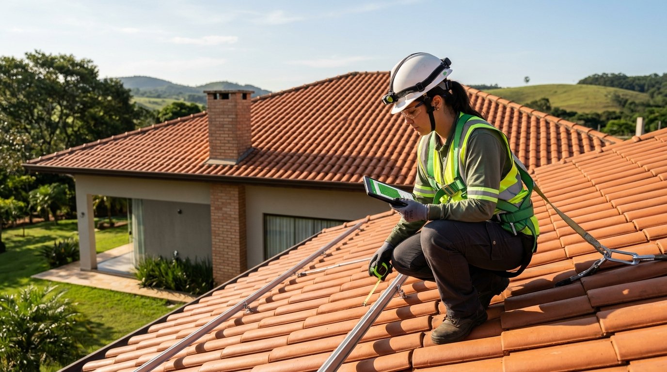 Engenheiro inspecionando o telhado de uma casa para instalação de painéis solares.