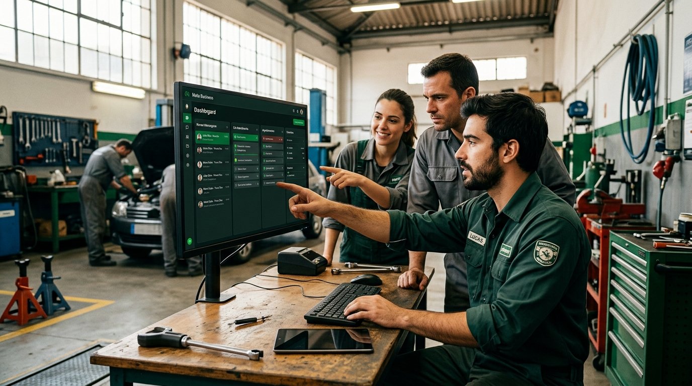 Equipe da oficina mecânica acompanhando os atendimentos em um painel no computador.