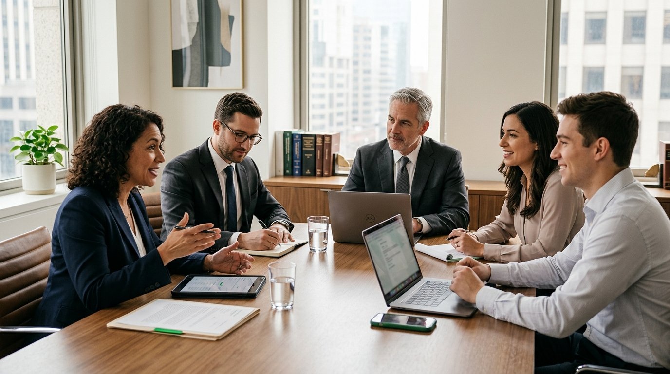 Equipe de advogados em reunião no escritório.