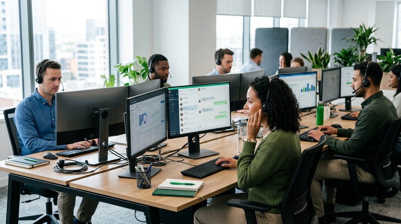 Equipe de atendimento ao cliente utilizando múltiplos monitores