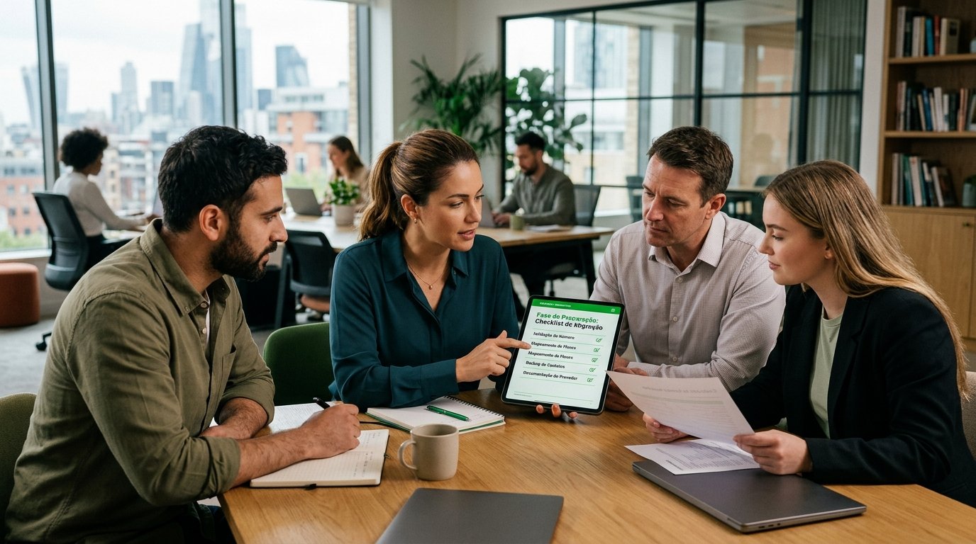 Equipe de negócios analisando um checklist de preparação em um tablet