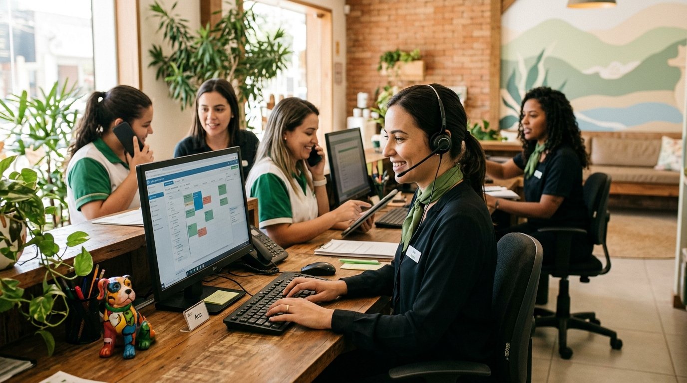 Equipe de recepcionistas trabalhando em computadores em um ambiente de atendimento