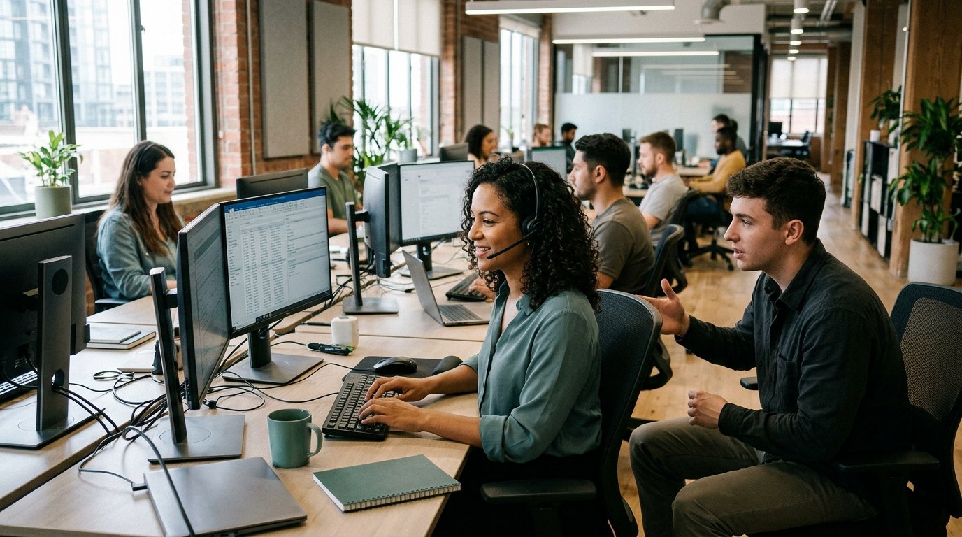 Equipe de suporte ao cliente trabalhando em um escritório com computadores.