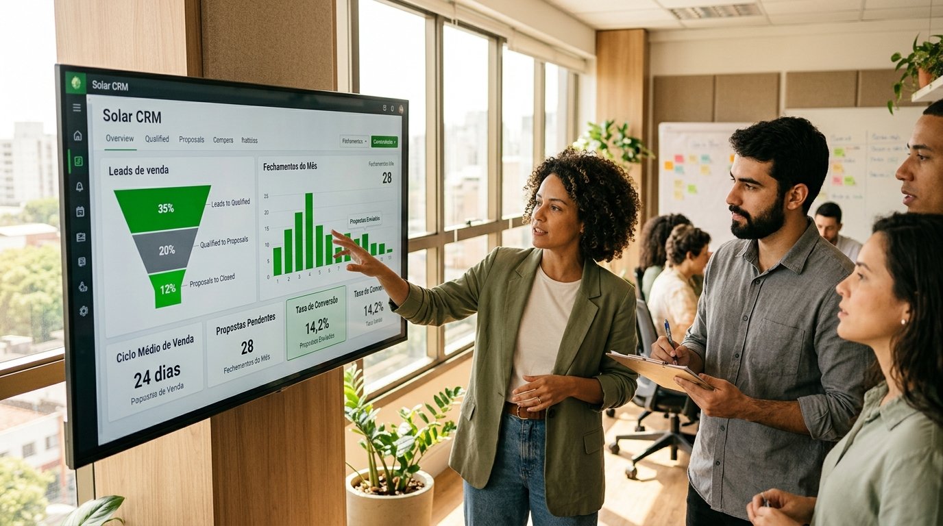 Equipe de vendas analisando um dashboard com métricas de conversão em um monitor.