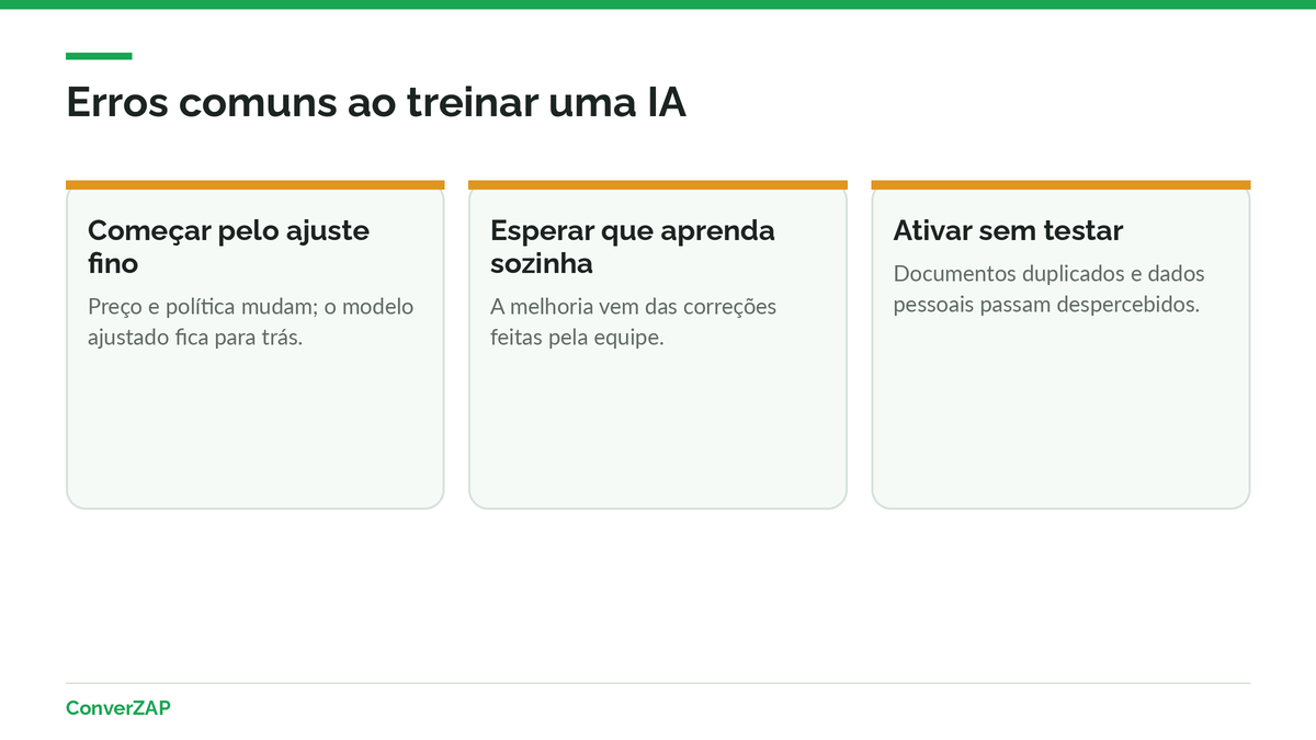 Erros comuns ao treinar uma IA com os dados da empresa: começar pelo ajuste fino, esperar aprendizado automático e subir documentos sem limpeza ou testes