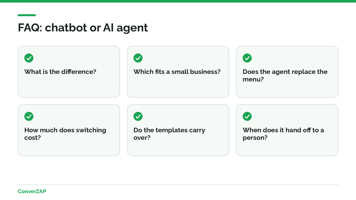 FAQ on chatbot vs. AI agent: cost, migration, running both, and when each one fits
