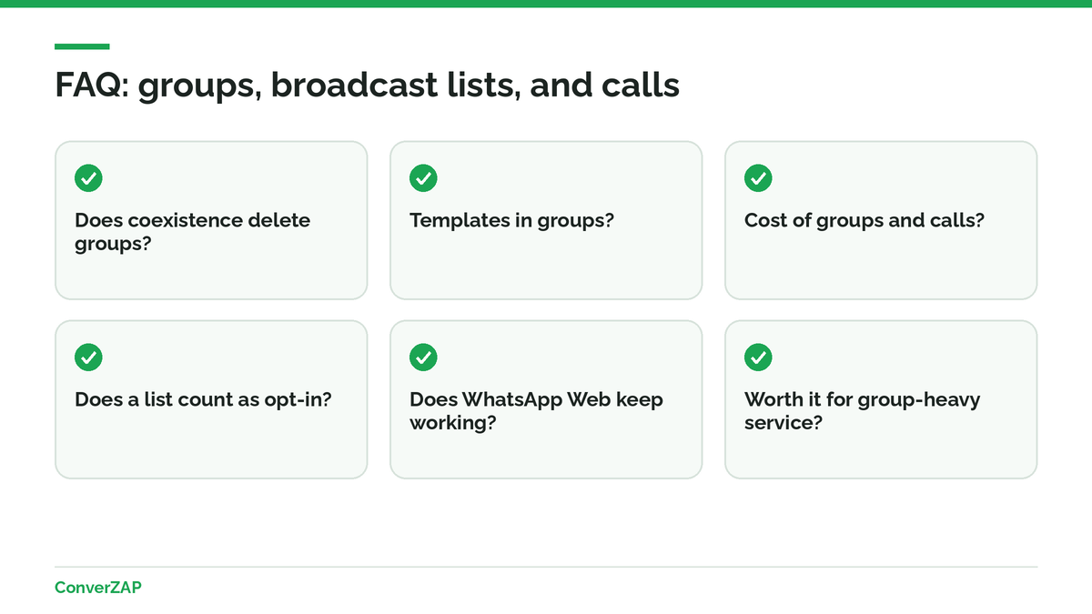 Frequently asked questions about groups, broadcast lists, and calls under WhatsApp coexistence