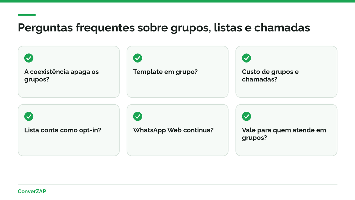 Perguntas frequentes sobre grupos, listas de transmissão e chamadas na coexistência do WhatsApp