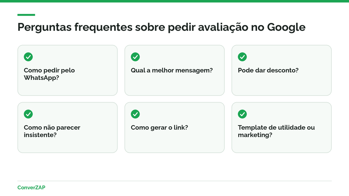 Perguntas frequentes sobre como pedir avaliação no Google pelo WhatsApp, link de avaliação e regras de incentivo