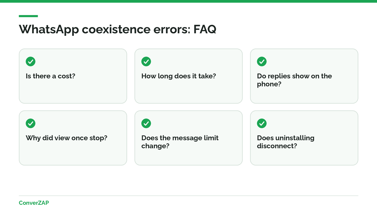 FAQ about WhatsApp coexistence errors: cost, activation time, messages on the phone, disabled features, limits, and reinstalling