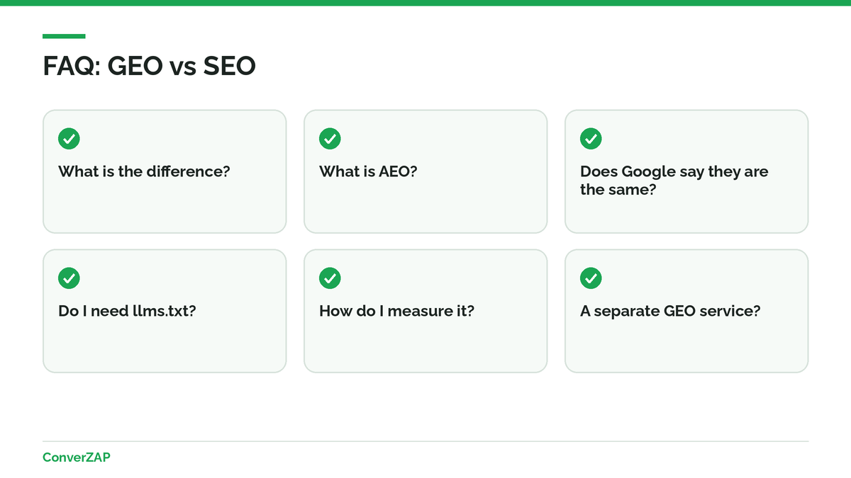 Frequently asked questions about GEO vs SEO and AEO: differences, Google's position, llms.txt, measurement, and a single strategy