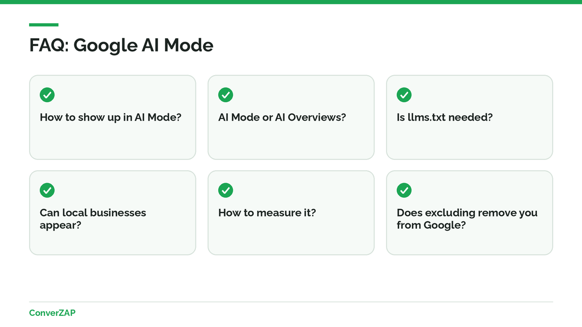Frequently asked questions about how to show up in Google AI Mode: requirements, Search Console, AI Overviews, local businesses, and measurement