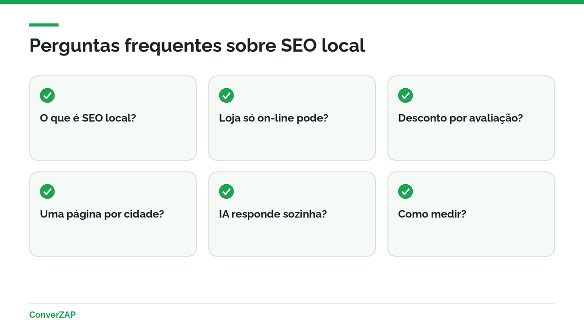 Perguntas frequentes sobre SEO local: Perfil da Empresa, avaliações, páginas por cidade, IA e WhatsApp