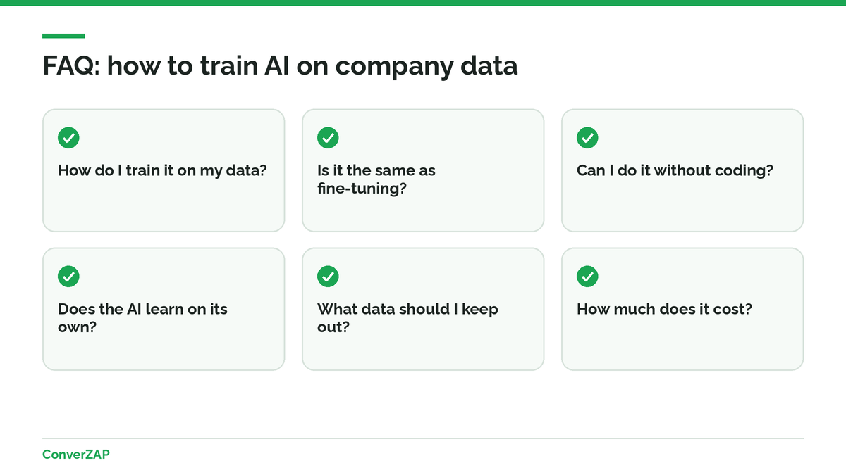 FAQ on how to train AI on company data, fine-tuning, data privacy, learning, and costs