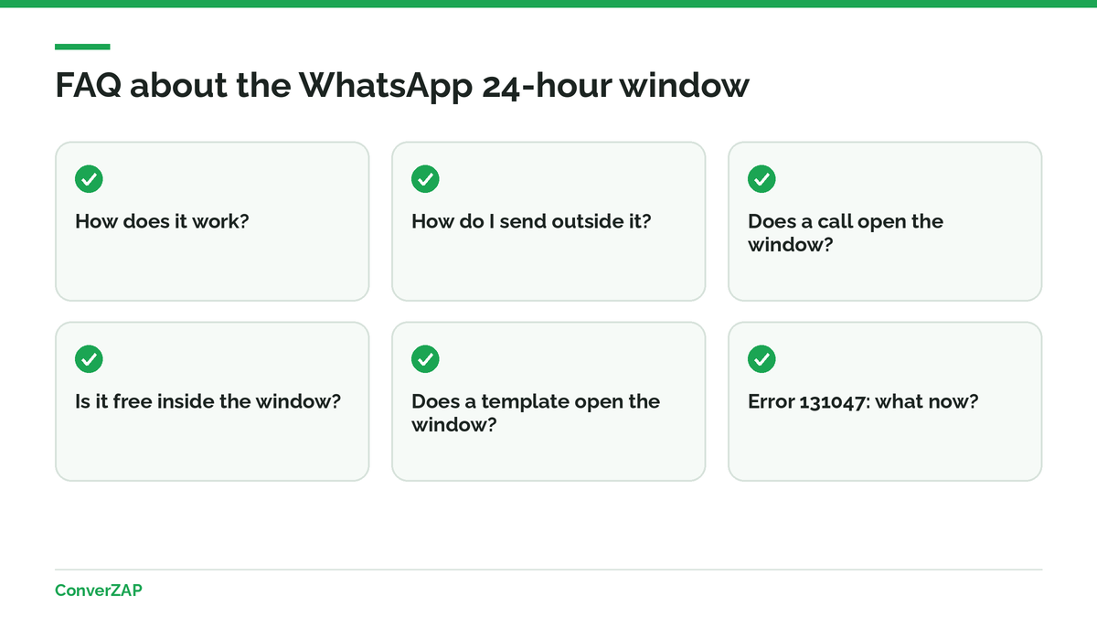 Frequently asked questions about the WhatsApp 24-hour window: how it works, calls, costs, templates, and error 131047