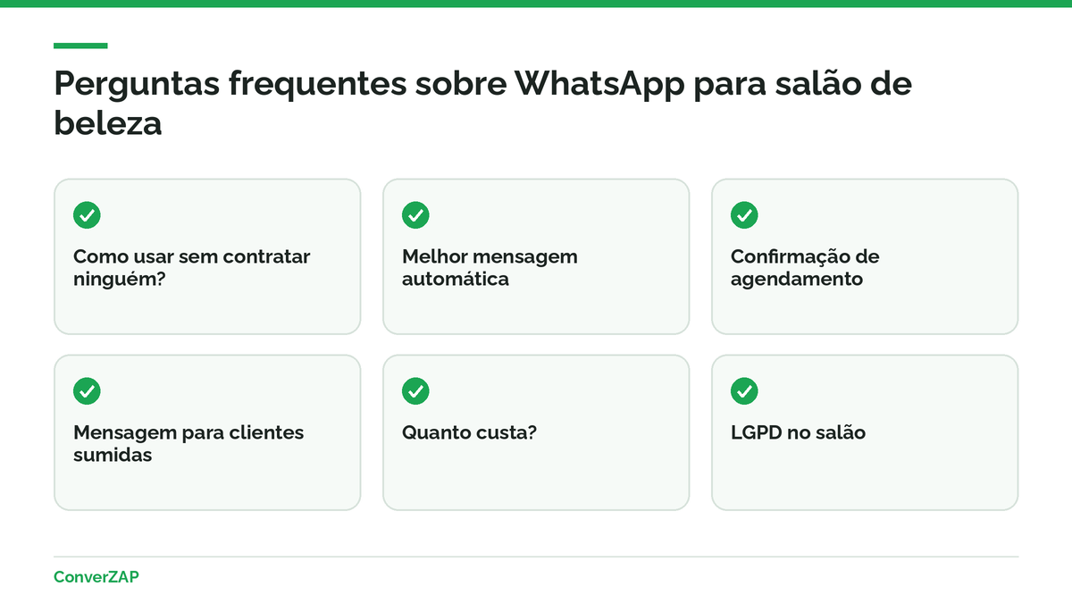 Perguntas frequentes sobre WhatsApp para salão de beleza: mensagens prontas, confirmação, clientes sumidas, custos e LGPD