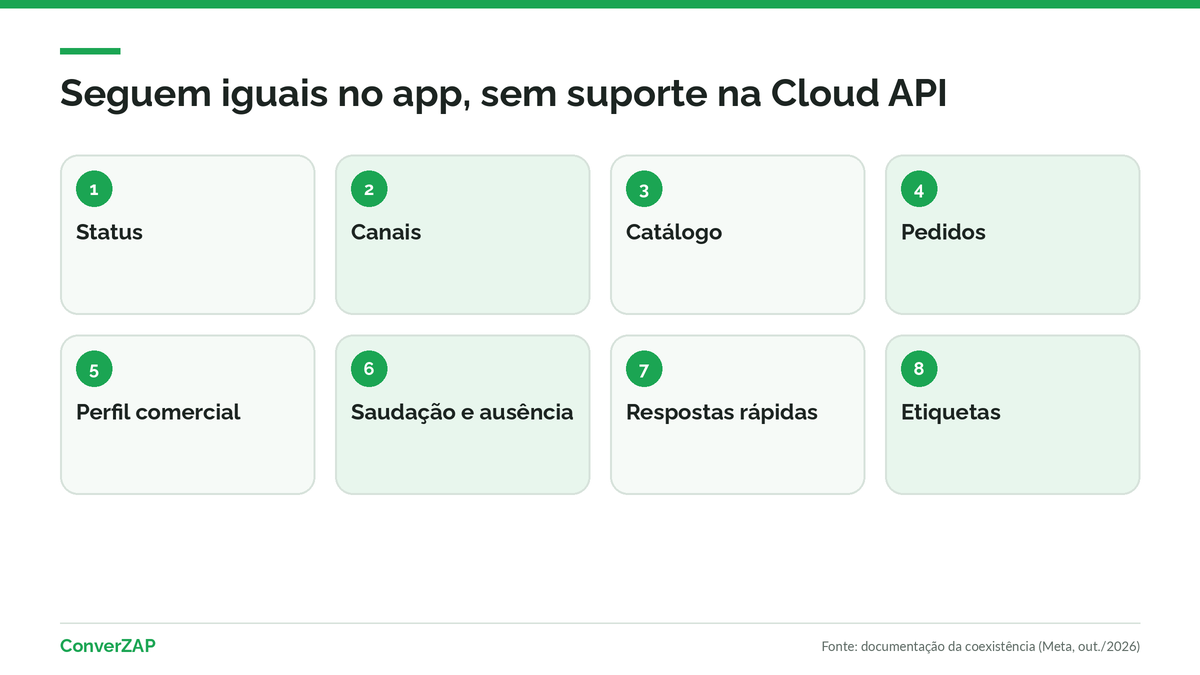 Status, Canais, catálogo, pedidos, perfil comercial e ferramentas de mensagem continuam no WhatsApp Business App na coexistência, sem suporte na Cloud API