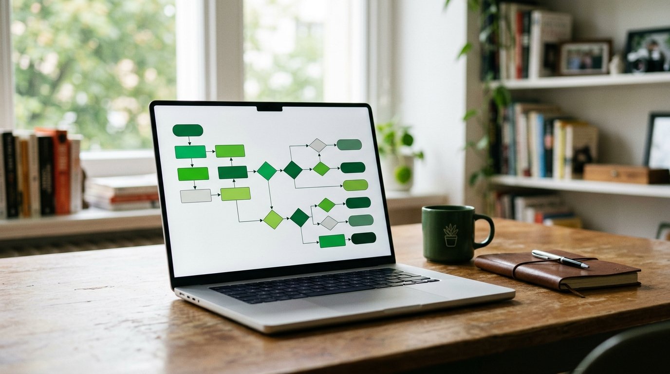 Fluxograma representando uma sequência automatizada de mensagens em tela de computador