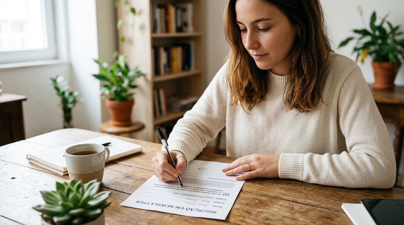 Formulário de inscrição em newsletter com caixa de seleção para consentimento.