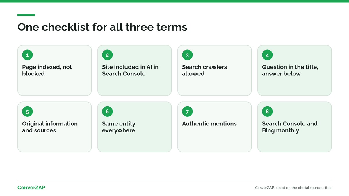 A single checklist for SEO, AEO, and GEO: technical access, answer first, original content, entity, authentic mentions, and measurement