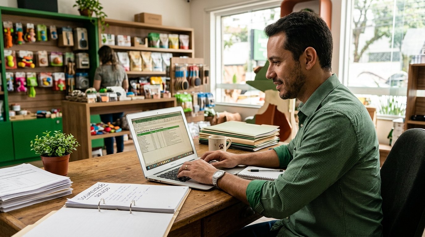 Gestor de pet shop digitando em um notebook para organizar documentos de serviços