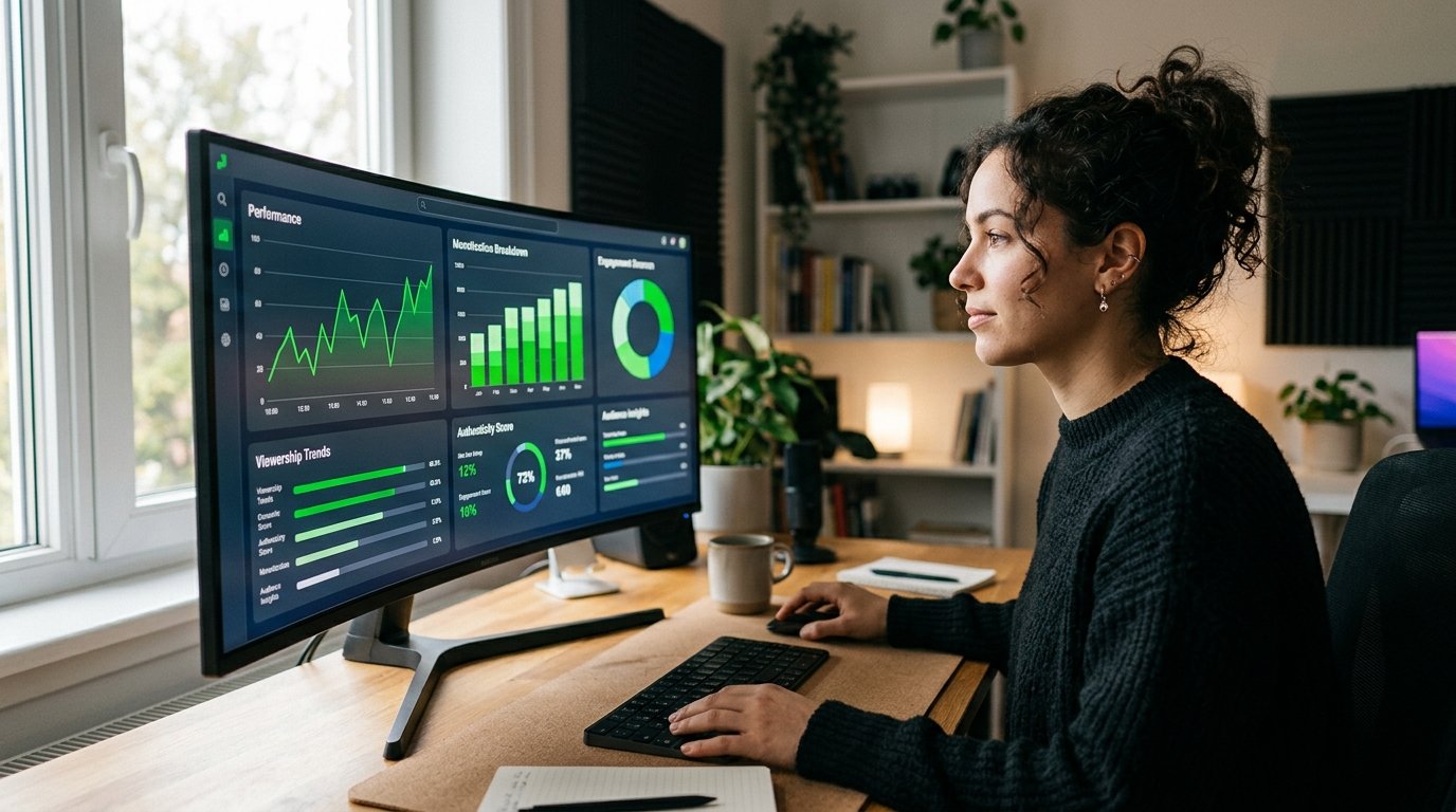 Gráficos de análise de desempenho e monetização em um painel digital.