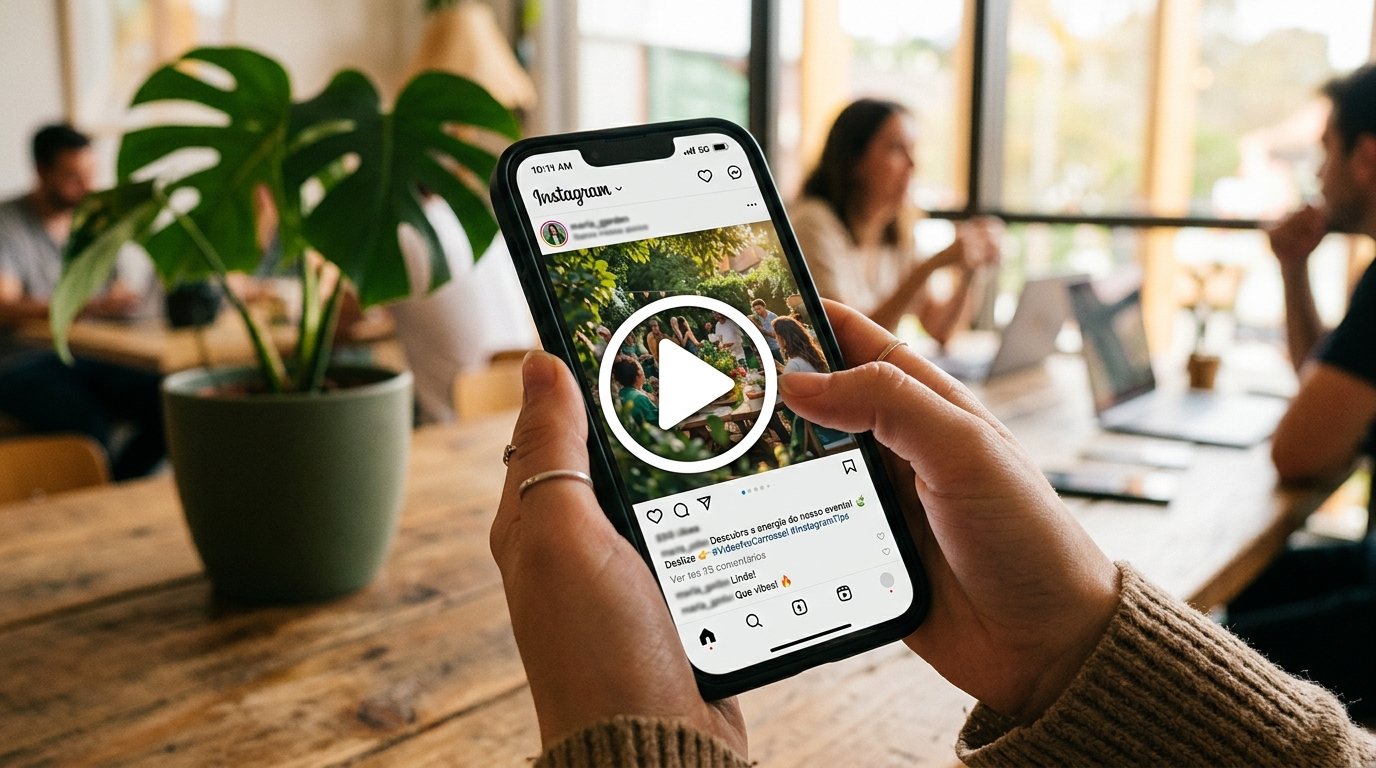 Ícone de reprodução de vídeo sobreposto a uma interface de rede social.