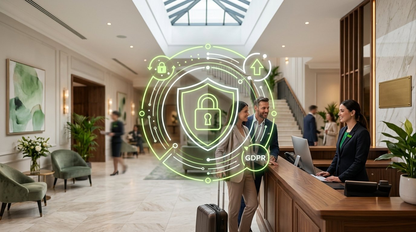 Ícone de segurança digital sobreposto a um ambiente de hotel.