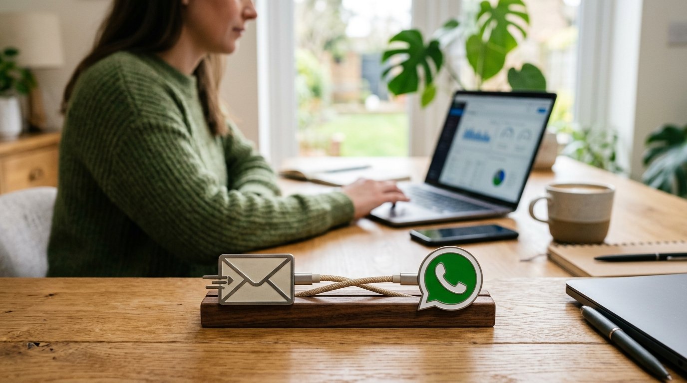 Ícones de email e WhatsApp conectados, simbolizando integração.