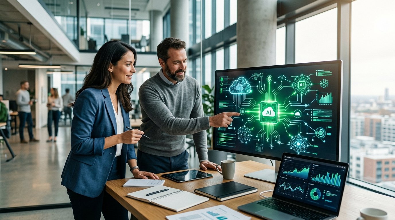 Ilustração de computação em nuvem com elementos de inteligência artificial
