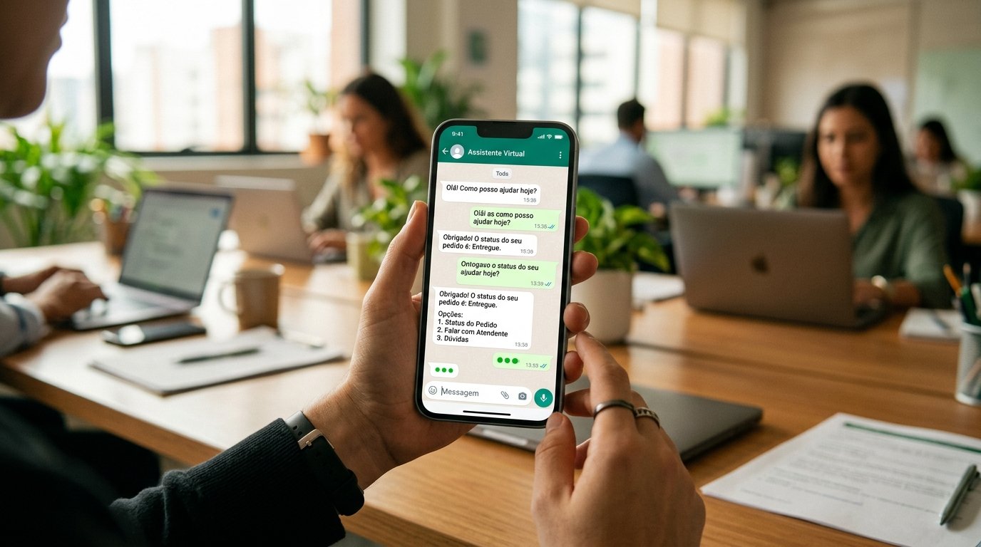Ilustração de um sistema de automação de atendimento operando em um smartphone.