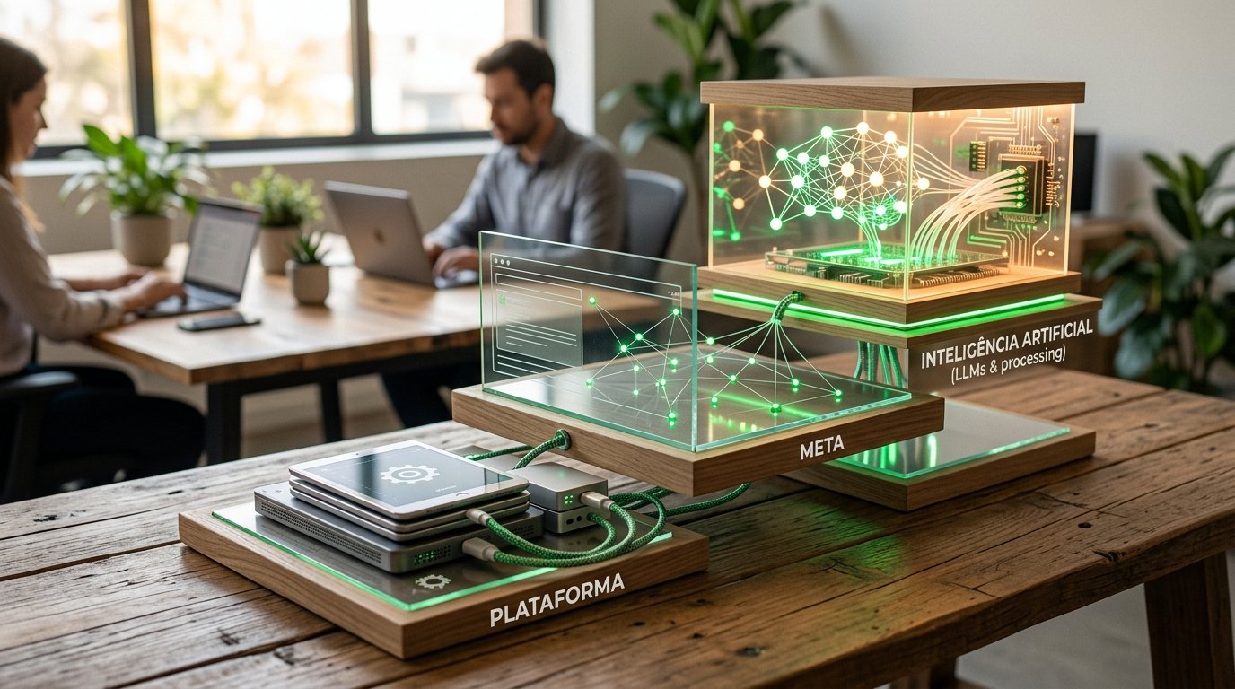 Ilustração mostrando três camadas de custos: plataforma, Meta e inteligência artificial.
