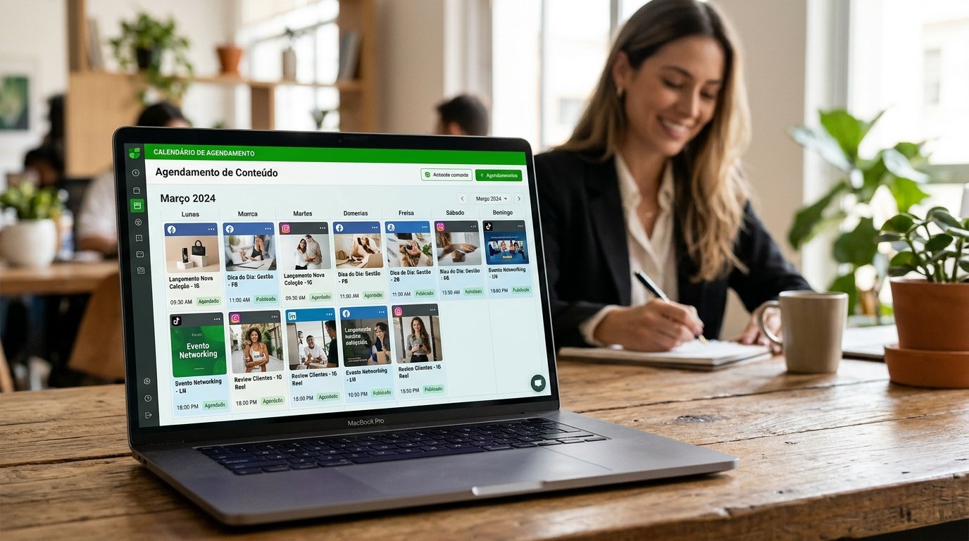 Interface de calendário de conteúdo para redes sociais com agendamento