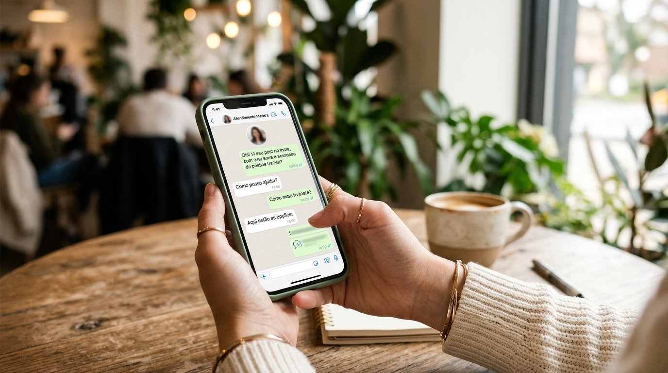 Interface de chat do WhatsApp Business exibindo uma conversa automatizada.