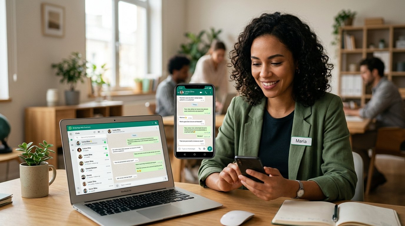 Interface de chat do WhatsApp Business sendo usada para atendimento ao cliente após uma campanha de marketing.
