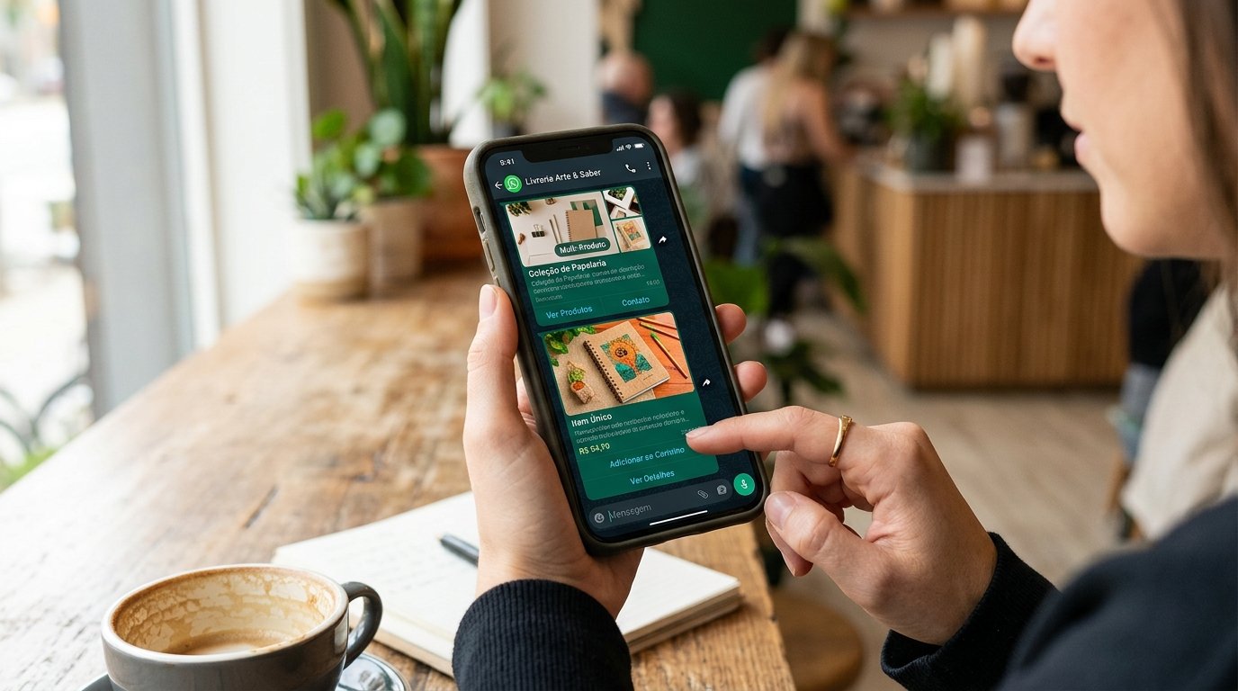 Interface de chat exibindo mensagens interativas de produtos